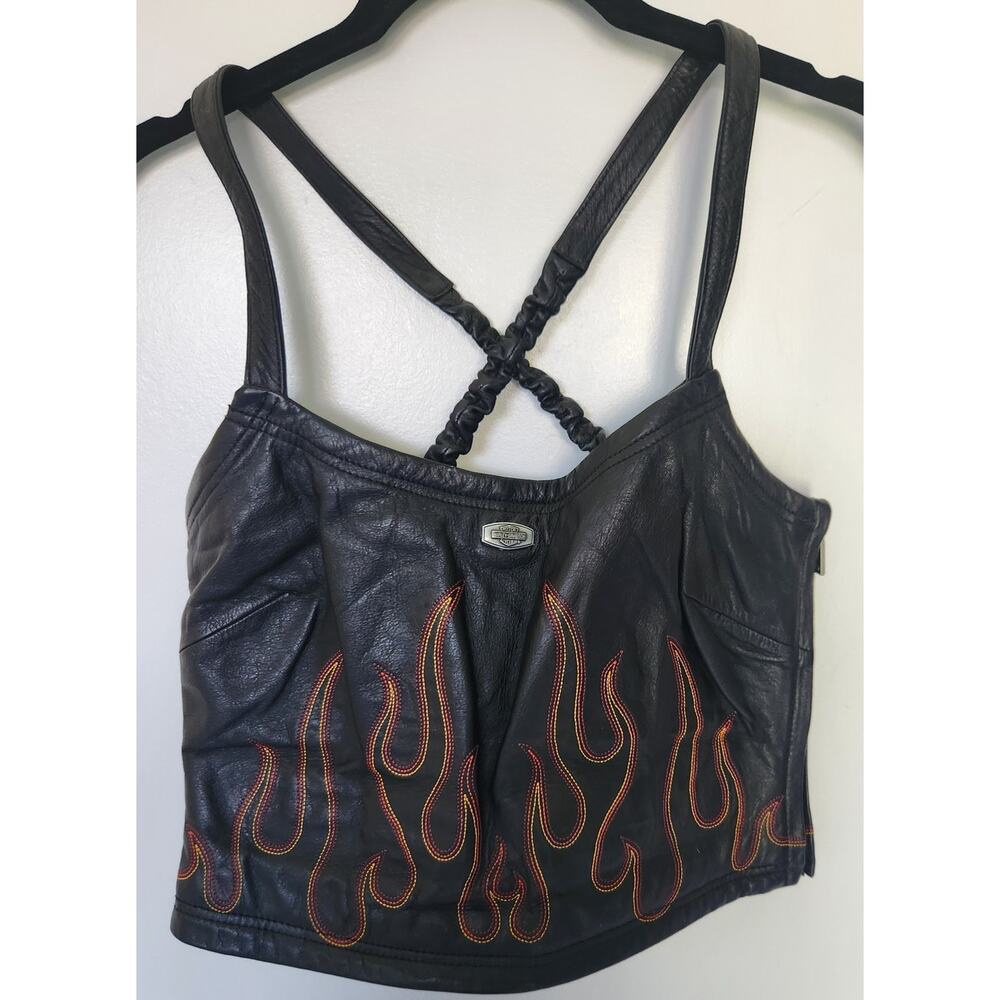 RARE Vintage Harley Davidson Leather Embroidered Flames Bustier Top Size 32/4